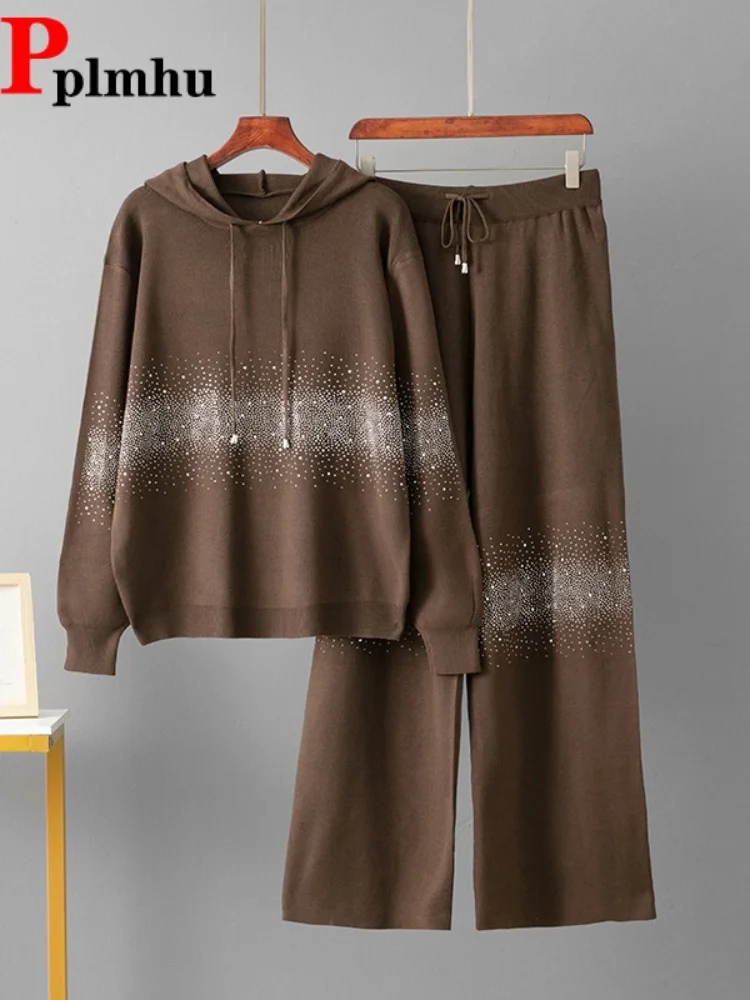 

Gradient Hooded Knitted Sweater Conjuntos Fashion High Waisted Straight Pants Outfit Korean Lace-Up New Loose 2 Piece Set