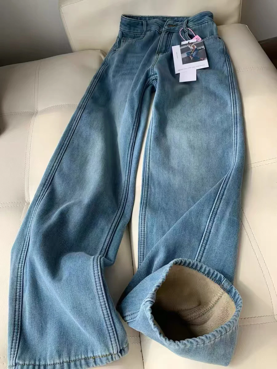 

Женские зимние джинсы больших размеров с высокой талией, прямые, свободные, широкие штанины, для фигуры типа «груша», повседневные