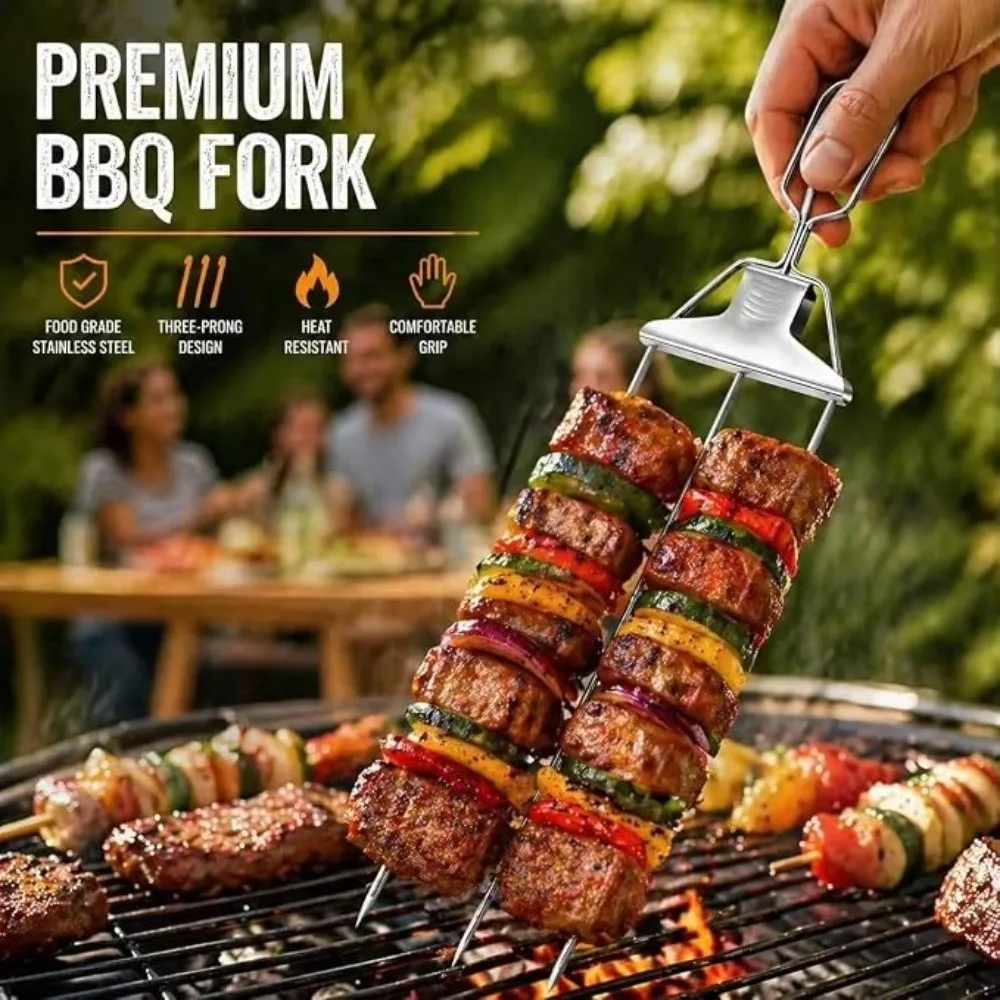 Gifts Polished Finish BBQ Skewers Push Rod Slider Grilling Accessories Barbecue Fork Prong Design Grilling Skewers
