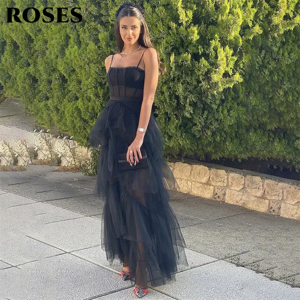 

ROSES Spaghetti Ruffled Chic Woman Black Evening Dress Gown Chiffion Ball Gown Layer Night Dresses Gown Custom robes de soirée