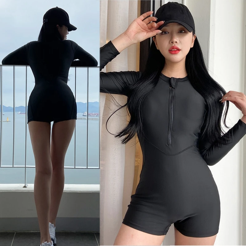 Women Zipper Closure Bathing Suit One-piece Swimsuit Long Sleeve Conservative Swimsuit Pant Solid Swimwear