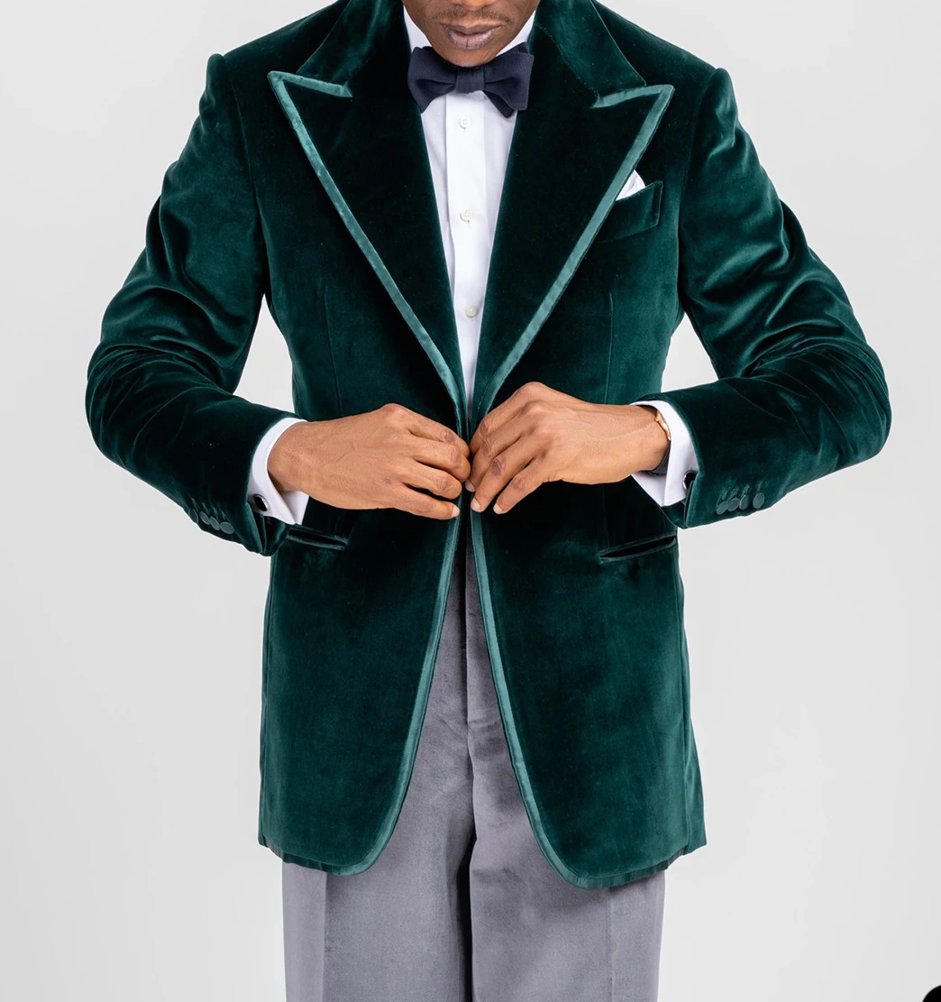 Modern Wedding Men Suits Blackish Green Flannel Tuxedo Peaked Lapel Velvet Customized 2 Piece Blazer Pants Tailored Handsome