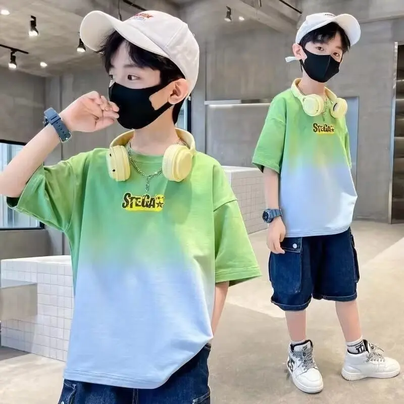 Summer Boys T-shirts High Quality Sweat Wicking Breathable Gradient Top Digital Spray Printed Children's Clothing Kids Clothes