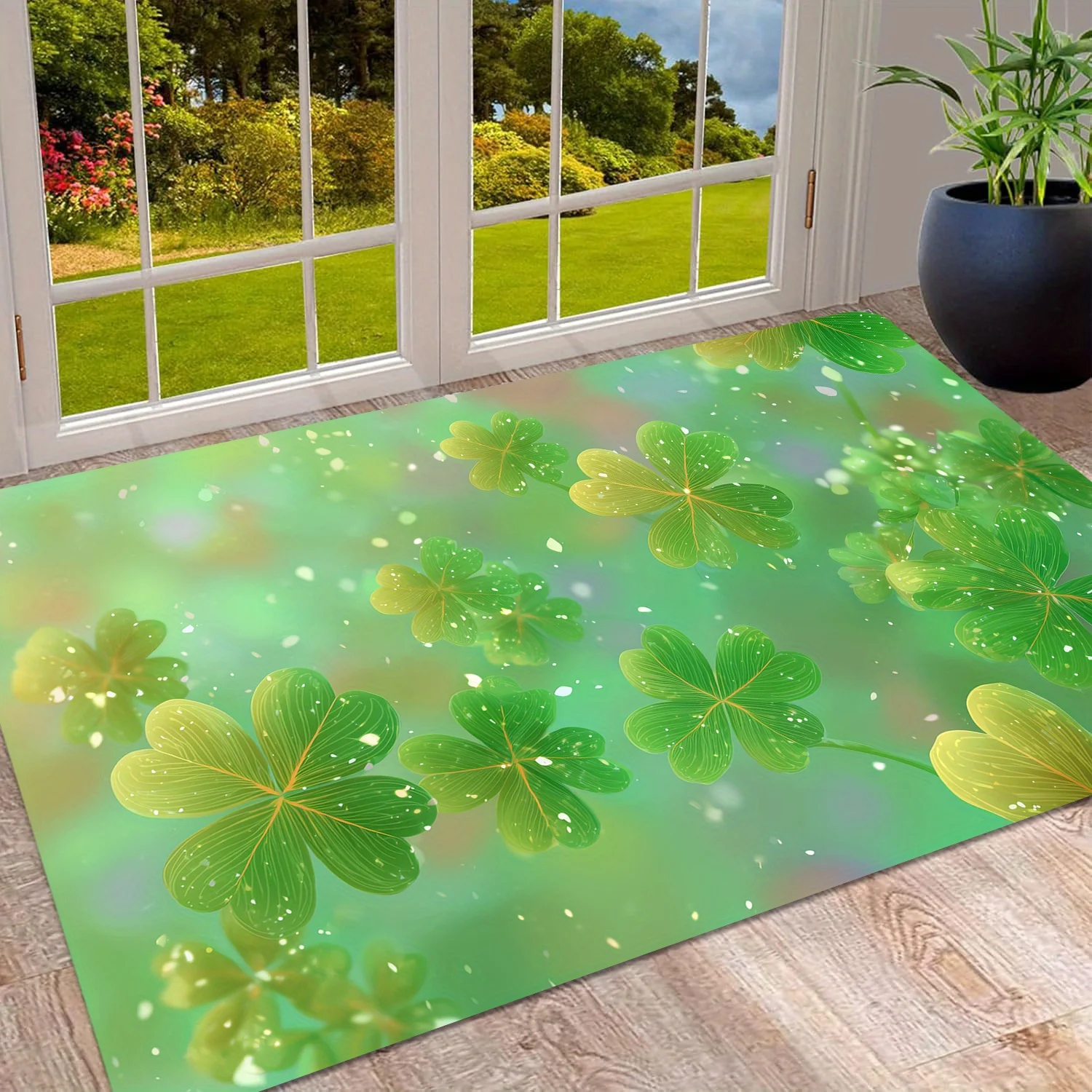 Green Clover Shamrock Pattern Doormat Outdoor Welcome Rug Entryway Mat Decorative House Accent Floor Mat for Spring Summer Garde