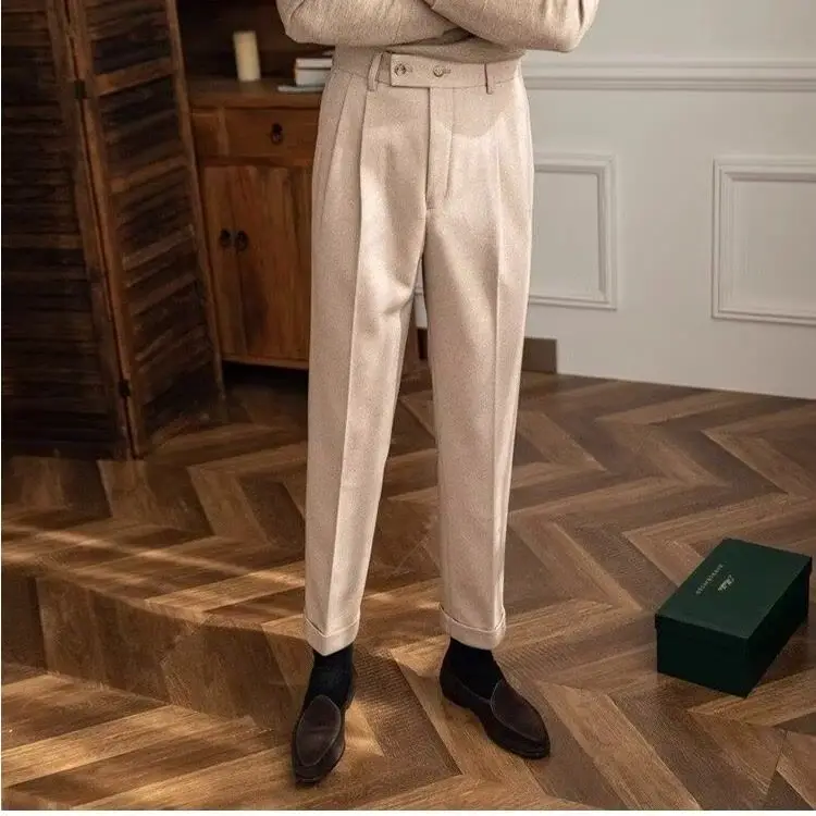 

Autumn Winter Thick Woolen Trousers Men's Slim-fit Straight Casual Business Gentleman Anti-wrinkle High-waisted Suit Trousers