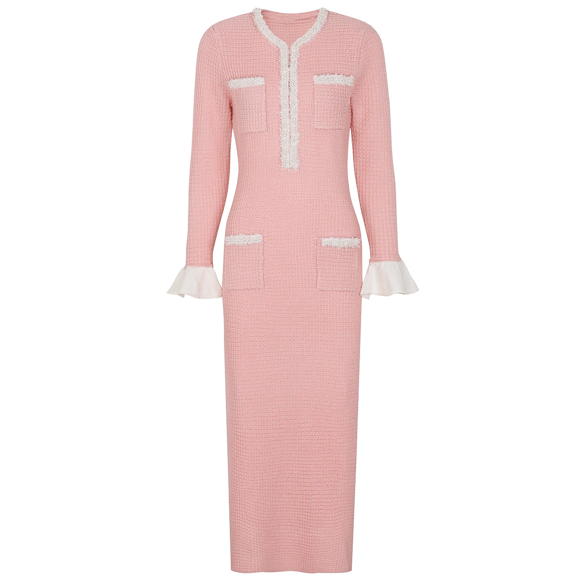 2612 High-Quality Spring And Autumn New Fashionable Popular Women's Knitted Beaded Small Fragrance Style Heavy-Duty Dress