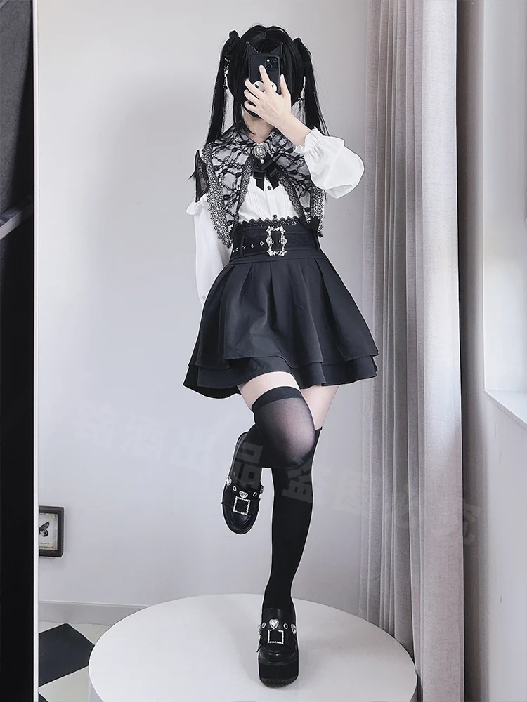 Japanese Mine Style Lace Splicing Big Lapel Bow Long Sleeve Shirt High Waist Belt A-line Suspender Skirt Two-piece Set Women