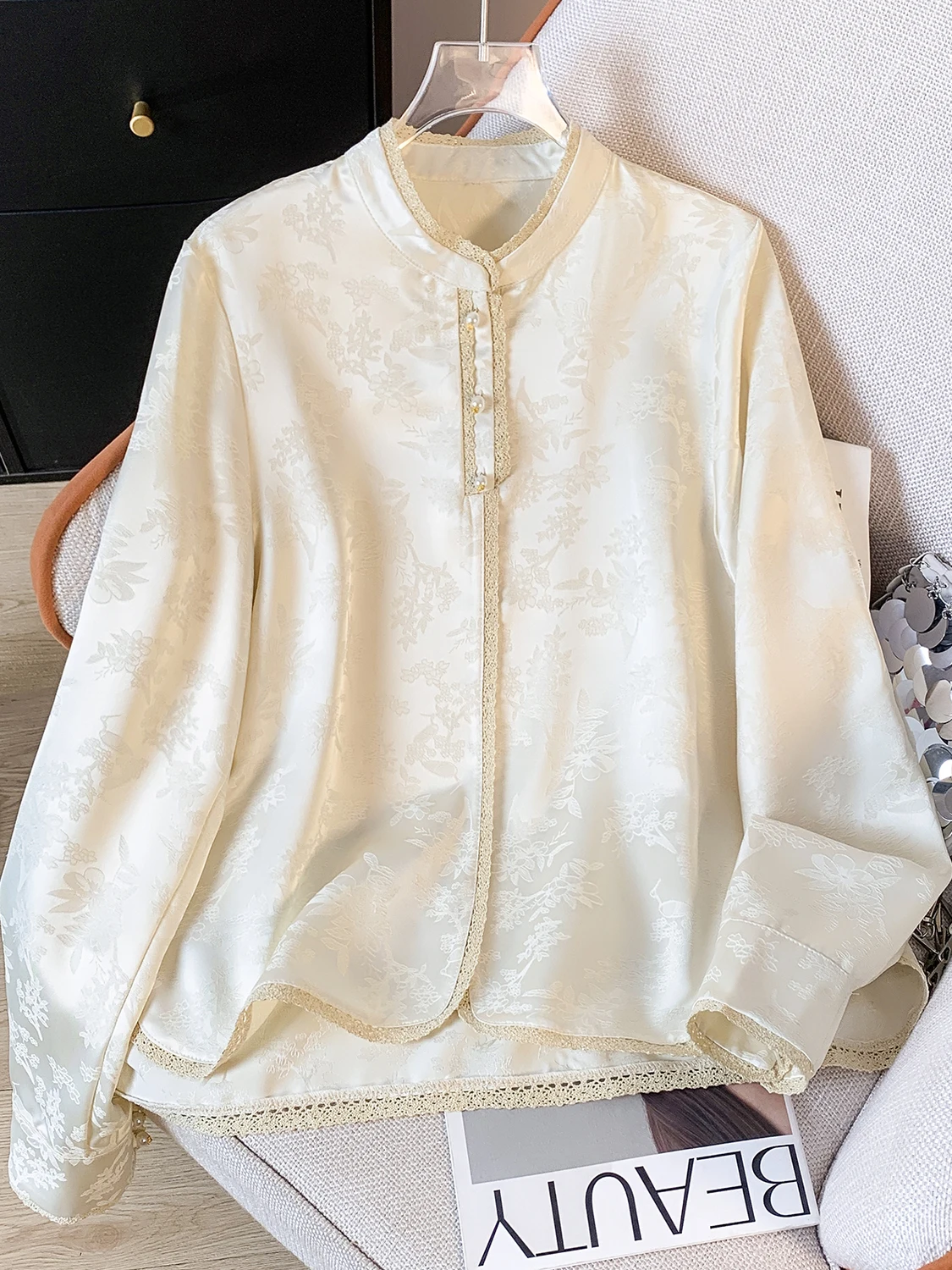 New Chinese Sle Long Sve Embroidered irt Women's Autumn High-End Floral Lace Splicing Beaded Stand Collar Base Top