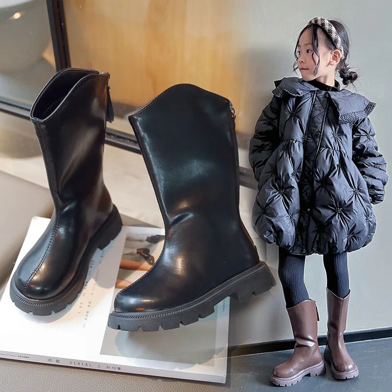 

Детские высокие сапоги, модные повседневные высокие сапоги для девочек, высокие сапоги в стиле принцессы, осень-зима 202, детские кожаные сапоги с молнией сзади