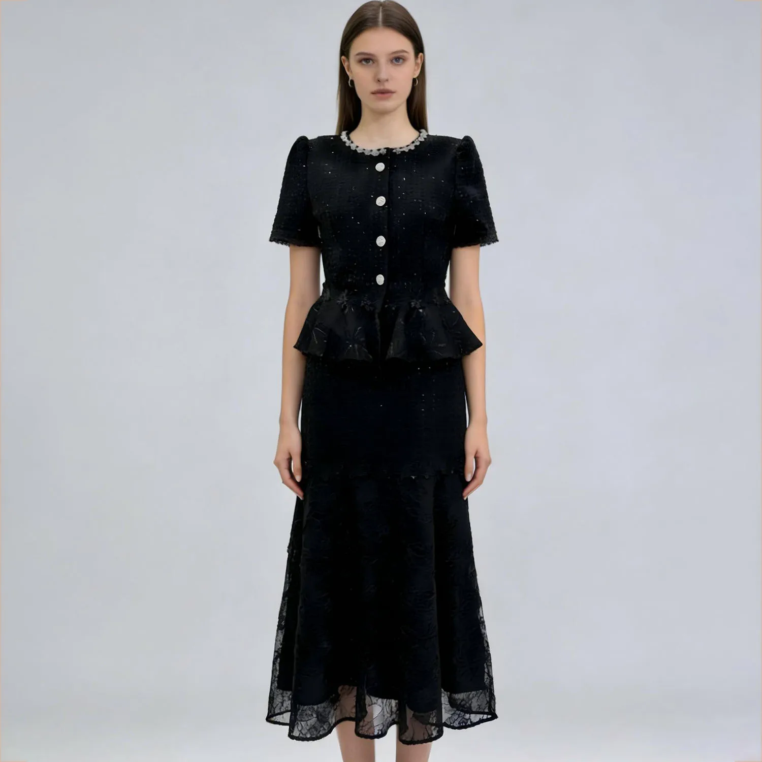 

LIMO Elegant Women's Outfit, Rhinestone Collar, Lace Cuff, Peplum Hem Top, Vintage Tweed Lace Outfit for Party, Office, Slim Fit