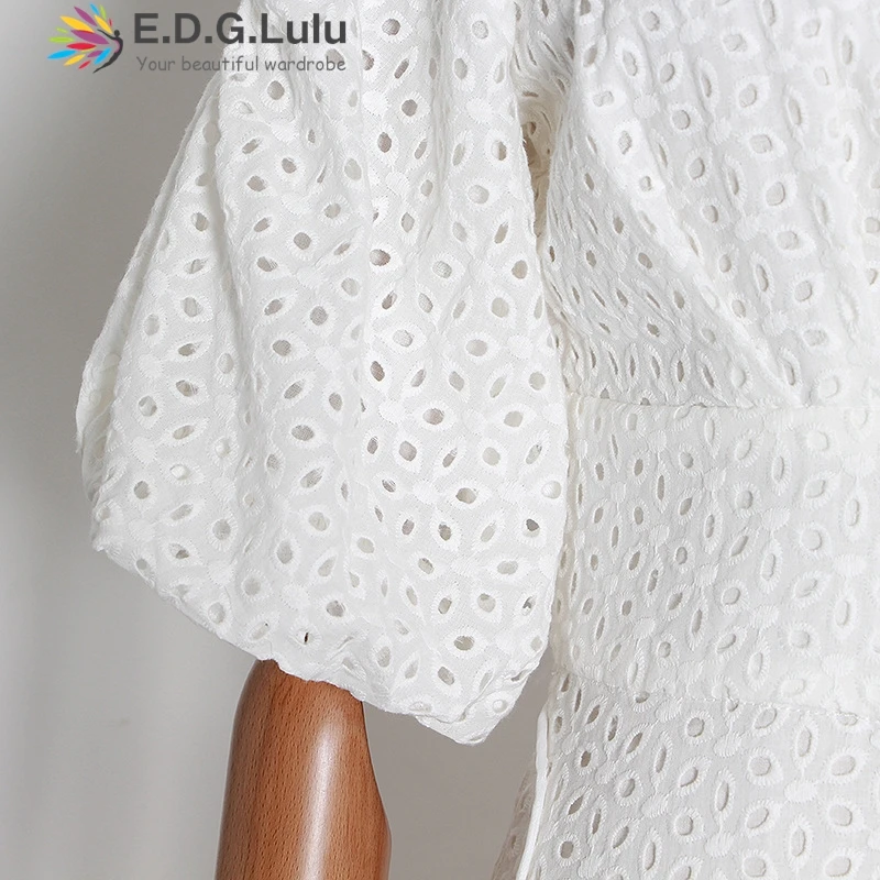 EDGLuLu V-Neck Lantern Sleeves White Dresses For Woman Single Breasted Lace Embroidered Floral Long Dresses Leisure Vacation0930