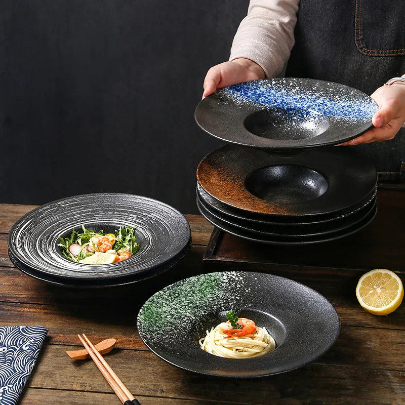 YJQ straw hat plate commercial western salad Japanese retro ceramic round deep soup plate