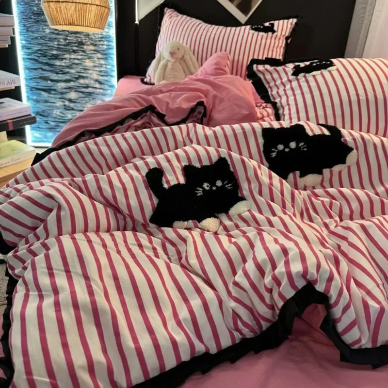 Pink Striped Cat Embroidery Bedding Set Korean Style Washing Cotton Cute Cardboard Duvet Cover Bed Sheet Pillowcases 3/4pcs