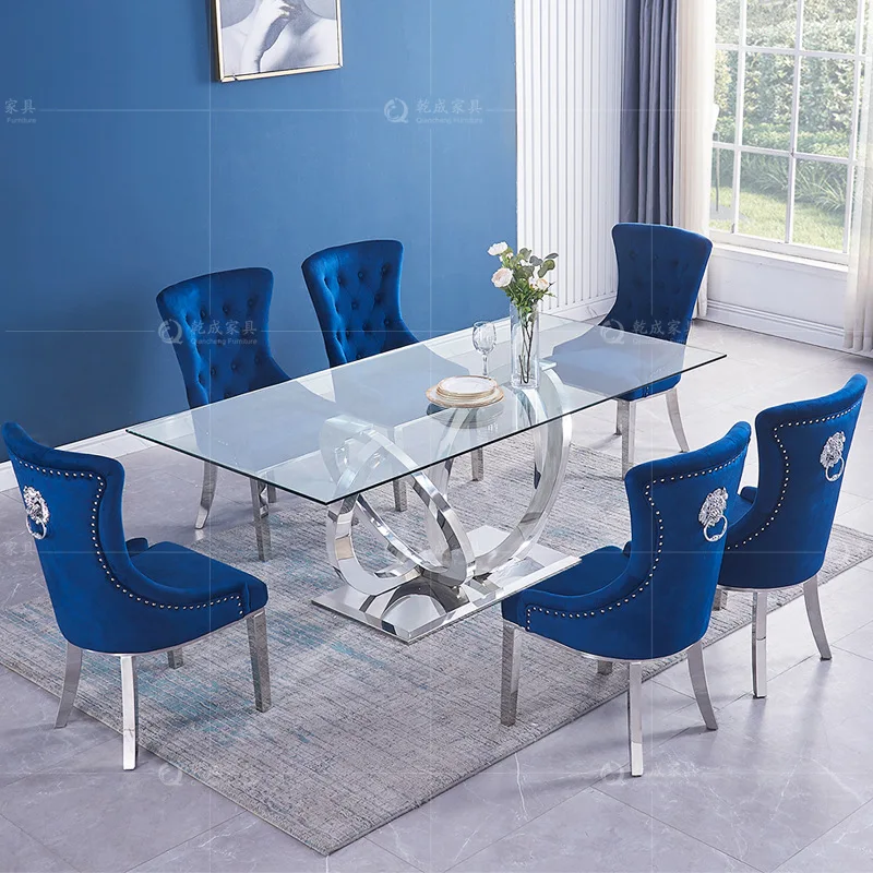 Nordic creative stainless steel rectangular dining table modern luxury tempered glass dining table metal dining room furniture