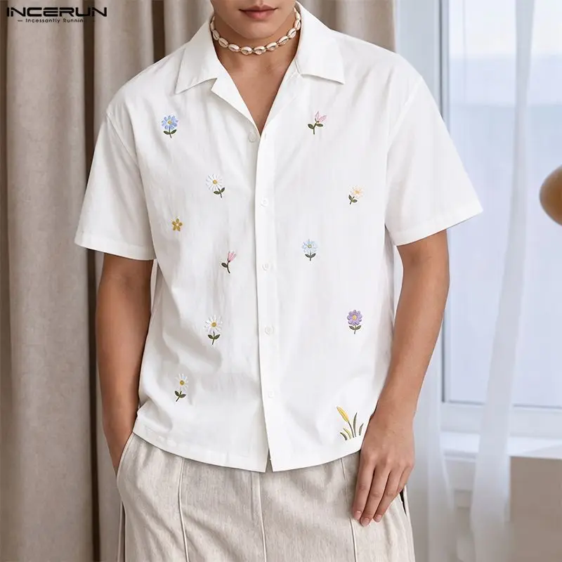 INCERUN Men's Shirt Summer Flower Embroidery Lapel Short Sleeve Men Clothes Streetwear Loose Korean Style Casual Tops For Man