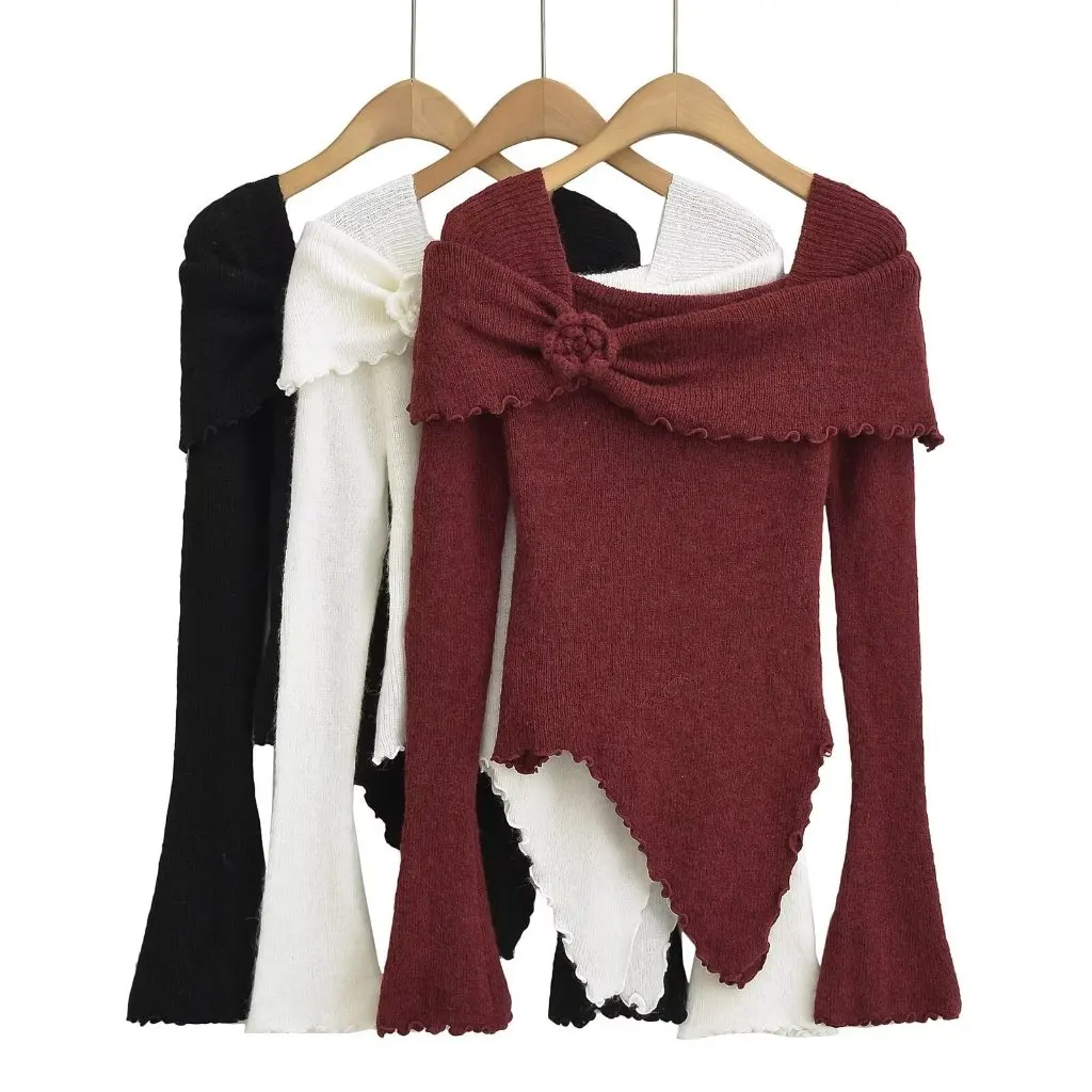 

Women's French Style Retro Knitwear Pure Desire Flower Decorated Shoulder Irregular Inclined Hem Autumn New 24
