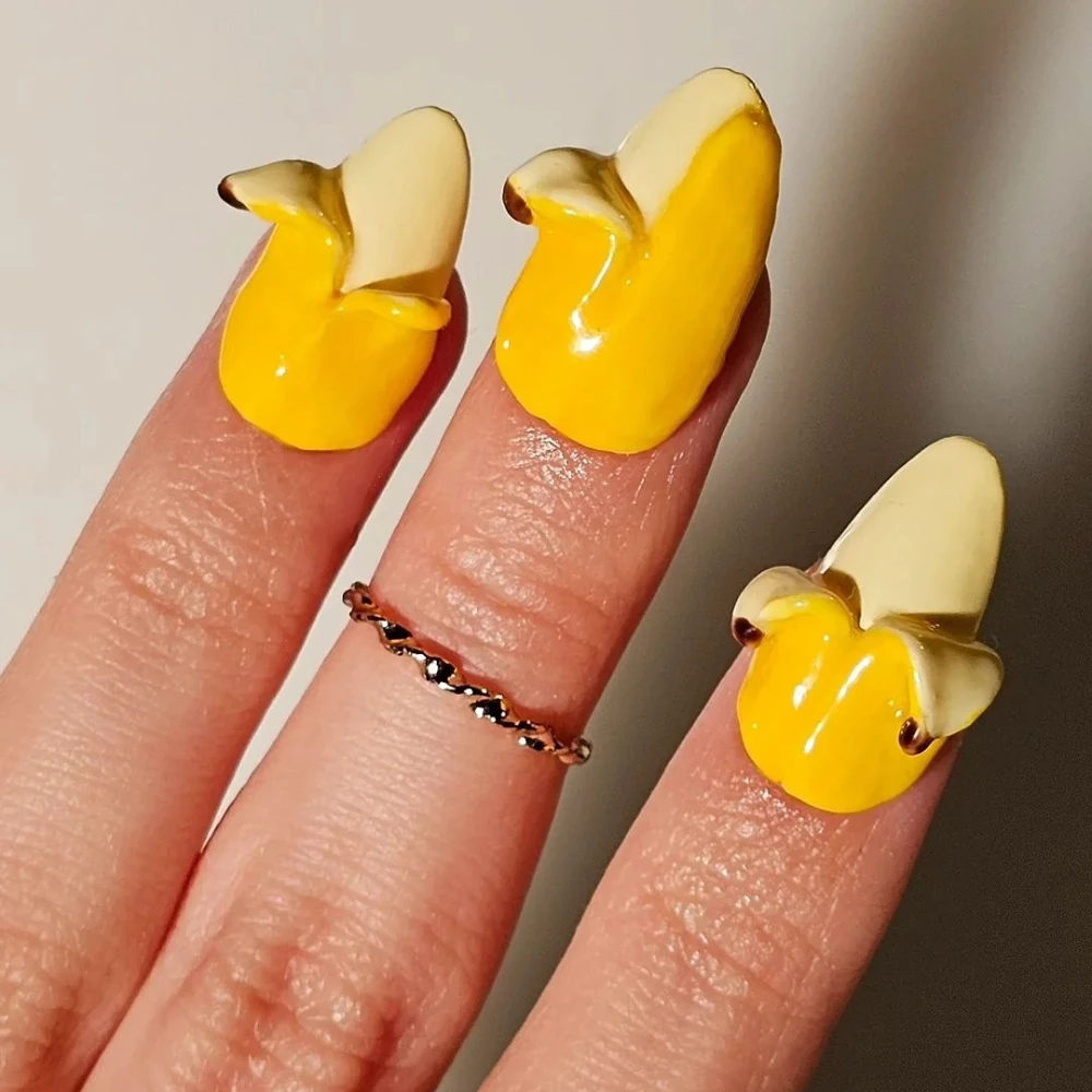 2024 New Handmade Manicure Medium Almond Fake Nails Cute 3D Banana Nails Press On Nails Design with Adhesive Nail File Set