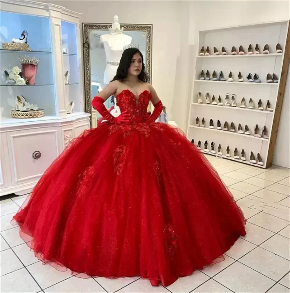 Vestido de baile rojo sin tirantes para quinceañera, vestido Sexy con diseño de flores en 3D, tul Formal, Cenicienta, cumpleaños, 15 piezas