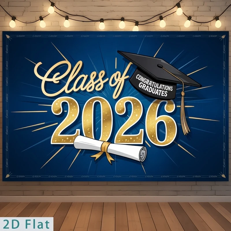 1 pieza, plano en 2D, telón de fondo que celebra las graduaciones de la Clase de 2026, con un diseño de birrete y diploma. Jardín, Decoración del Hogar, etc.