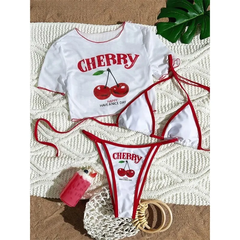 

Cherry Printed Short Sleeve Bikini Female Swimsuit Women Swimwear Three-pieces Bikini set Bather Bathing Suit Swim