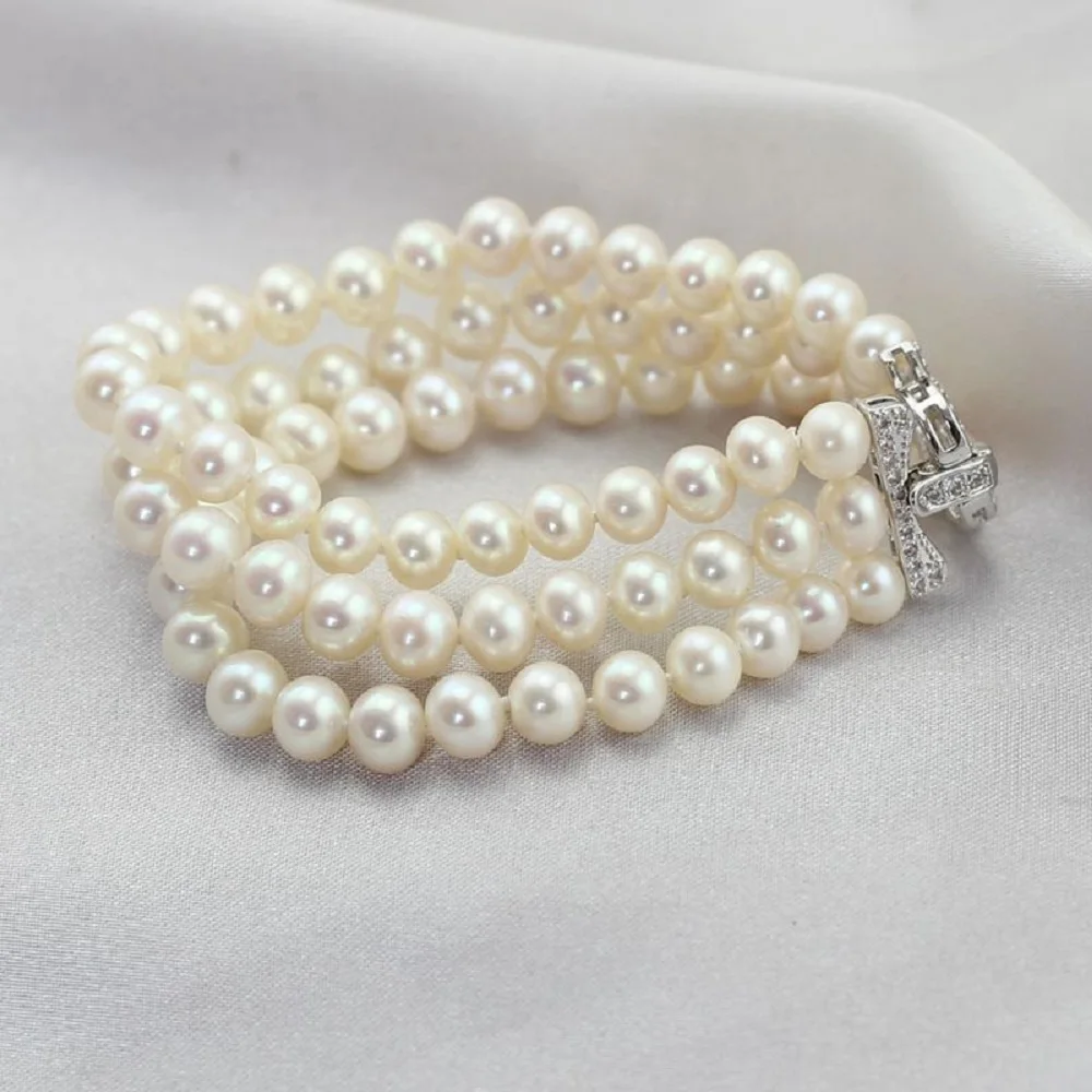 

Красивый браслет AAAA6-7 мм Браслет из японского круглого жемчуга с несколькими слоями жемчуга и 3 рядами, 7,5-8 дюймов