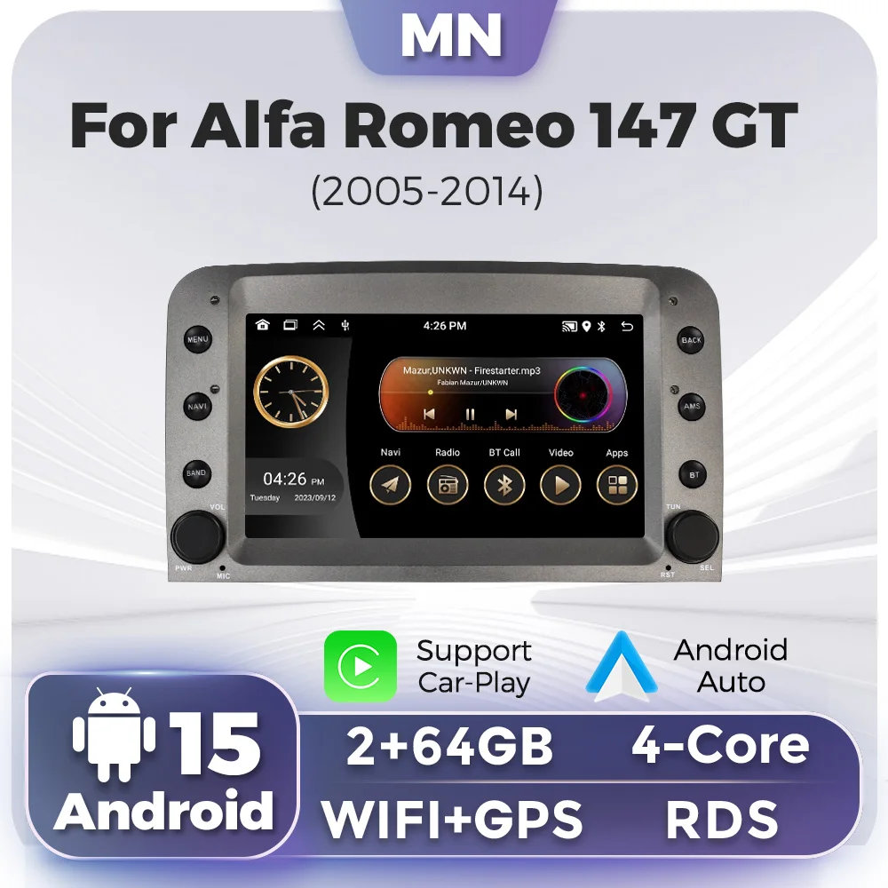 Android 15 Autoradio für Alfa Romeo 147 GT 937 2005–2014, Carplay Android Auto GPS Navigation Stereo Multimedia Player Autoradio