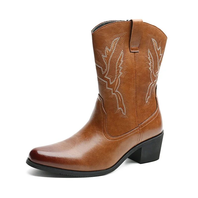 Size 38-46 Western Cowboy Boots for Men Designer Mens Shoes VINTAGE Embroider Leather Boots Black Brown British Style