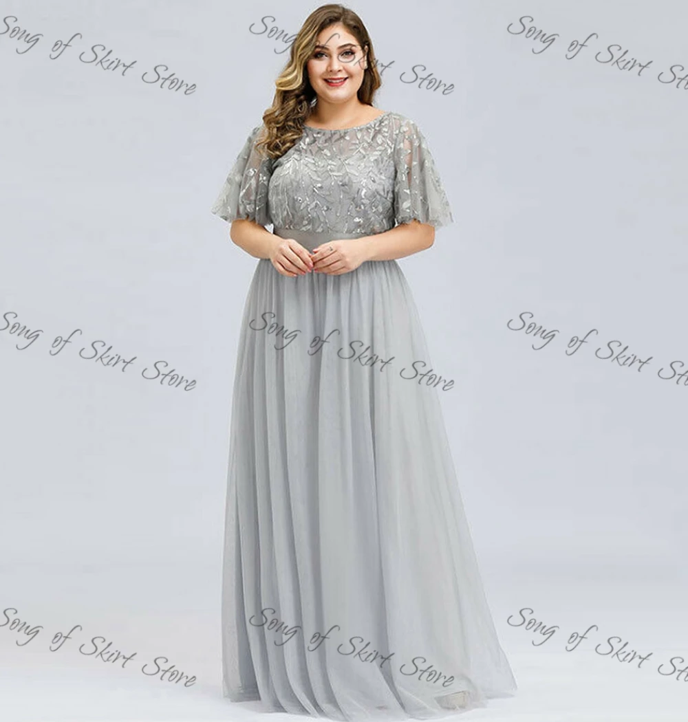 Pius Size A-Line Mother Of The Bride Dresses Short Sleeve Floor-Length Prom Gown 2022 Embroidery Chiffon Evening Dress Vestido