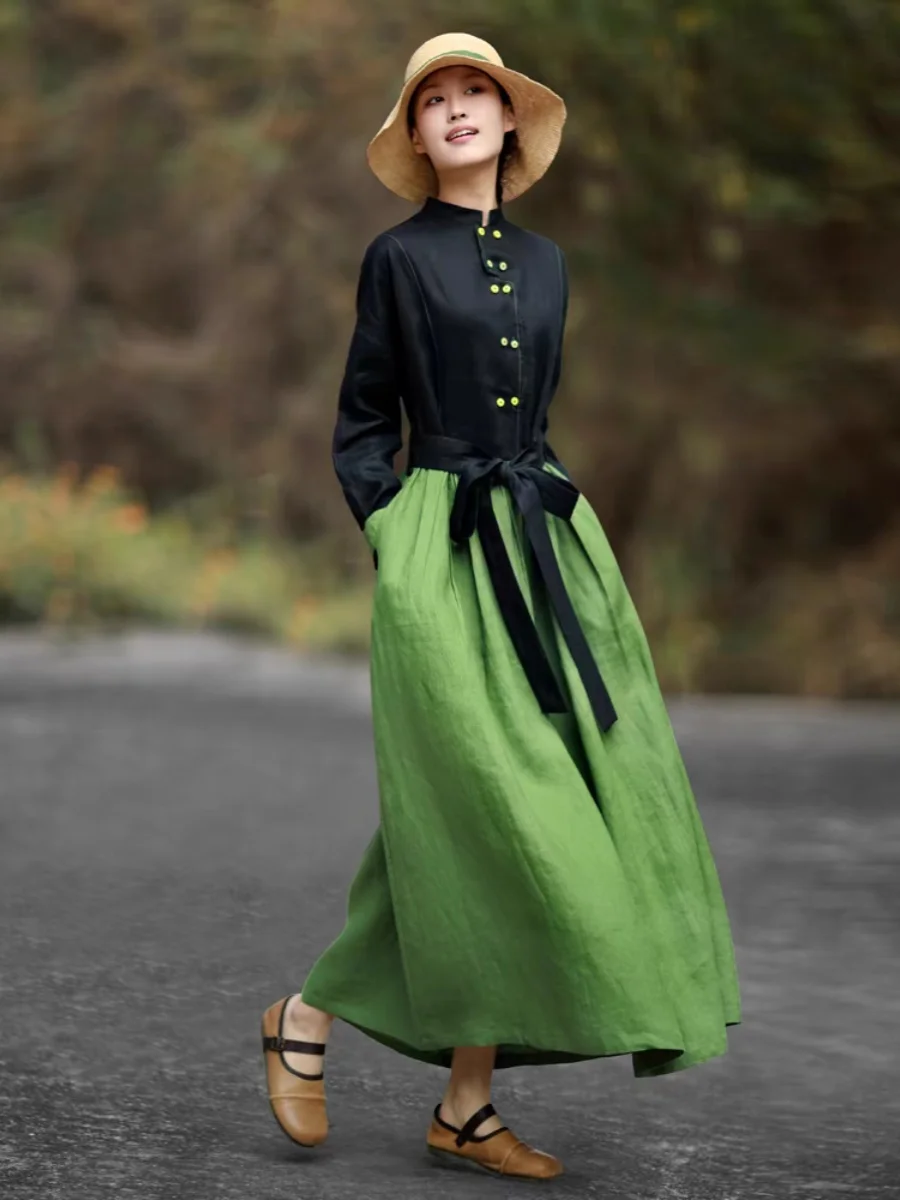 高級綿麻Aラインドレープエスニック風アーティスティックヴィンテージ春新作ファションレディースロングミディスカート