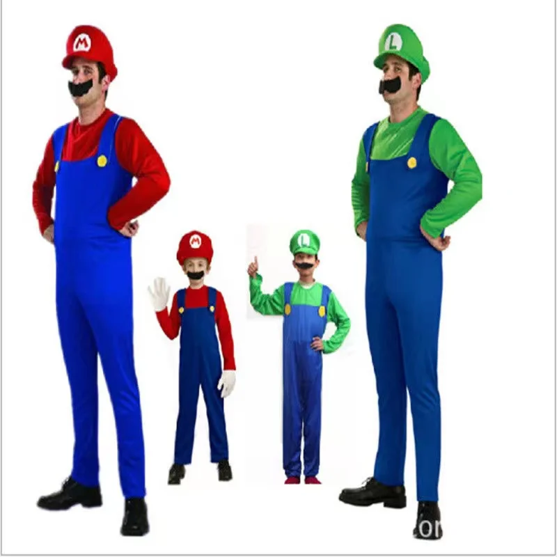 Costume de Super Luigi Cosplay pour Homme et Femme, Combinaison Adulte, Chapeau de Barbe, Ensemble d\'Halloween pour Enfant