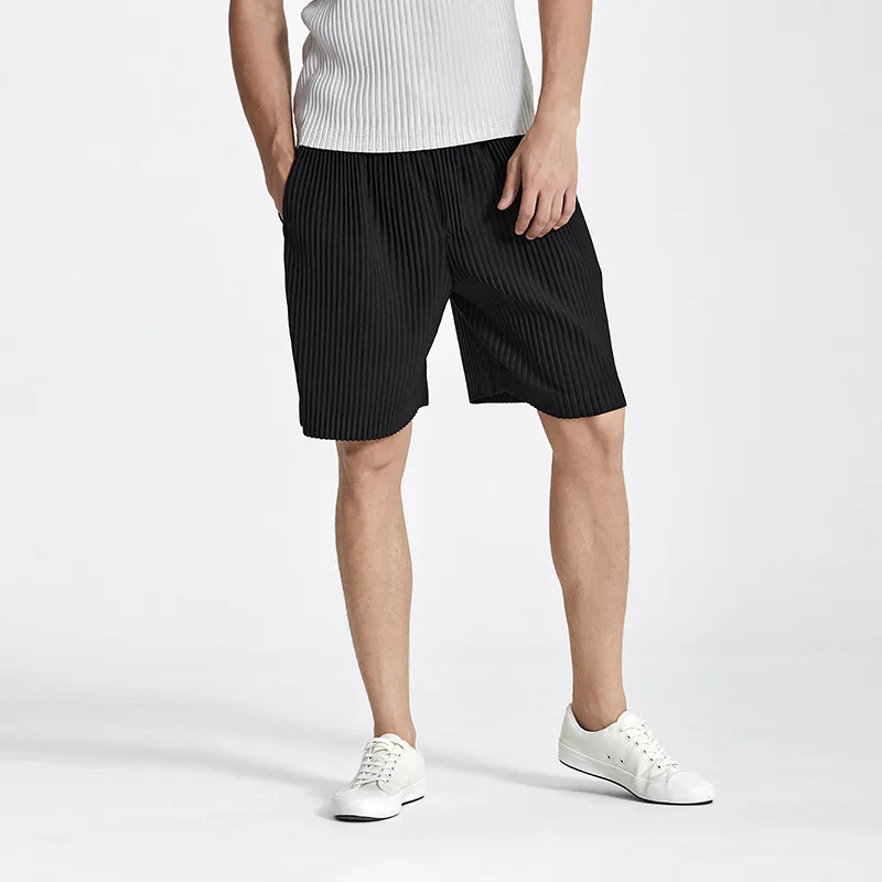 Calção monocromática plissada masculina, calça reta casual, roupa solta da moda, nova, verão, 2022