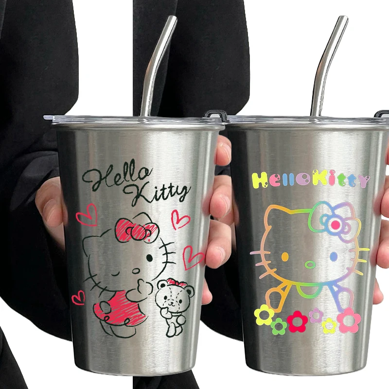 500ml Anime Hello Kitty Sanrios Coffee Cup with Straw Lid Kawaii Kuromi Melody Hangyodon Leak-proof Stainless Steel Water Bottle