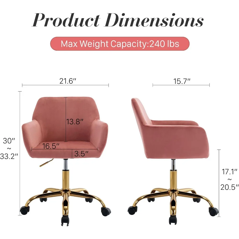 Pelliccia sintetica 360 ° Sedia da scrivania girevole, poltrona moderna da ufficio regolabile in altezza con base dorata per adolescenti, donne e ragazze, rivestimento