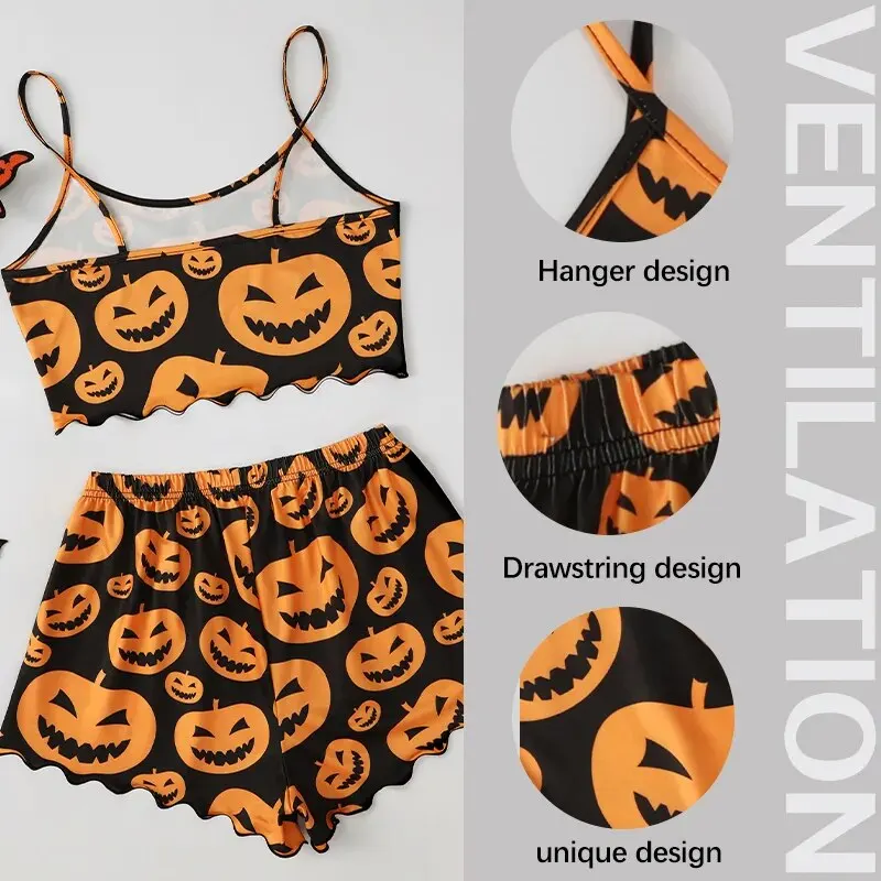 Halloween Pumpkin Print Pajama Set Spooky Pumpkin Head Print Round Neck Camisole Top and Pumpkin Lettuce Side Shorts Homewear Pa