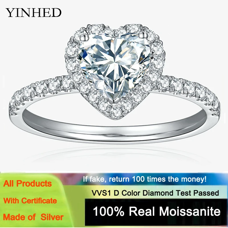 

YINHED 1.0CT Heart Cut 925 Sterling Silver Moissanite Ring Diamond Test Passed Jewelry Woman Girlfriend Wedding Party Gift