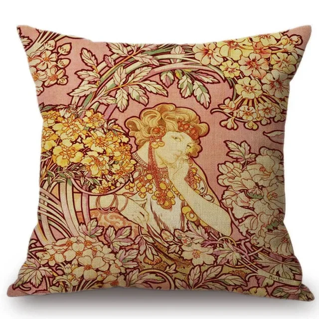 Vintage European Cushion Cover Art Nouveau Mucha Gallery Cushion Case Home Decorative Beautiful Girl Pattern Linen Pillowcase