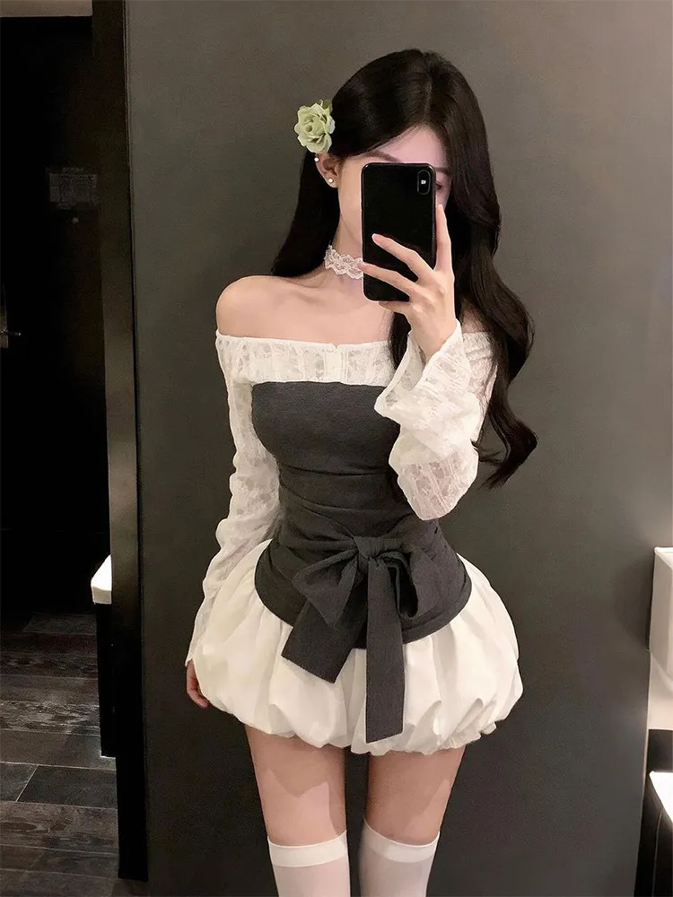 

One Shoulder Long Sleeved Lace Patchwork Bow Top Cinched Waist Slim Fit Fluffy Short Skirt Elegant Temperament Women's Set