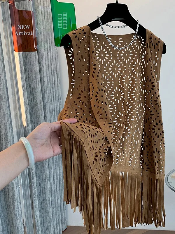 

Женский жилет с открытой бахромой, осенний новый дизайн, многослойная майка для фотофои, тонкая круглая майка из другого материала 00%