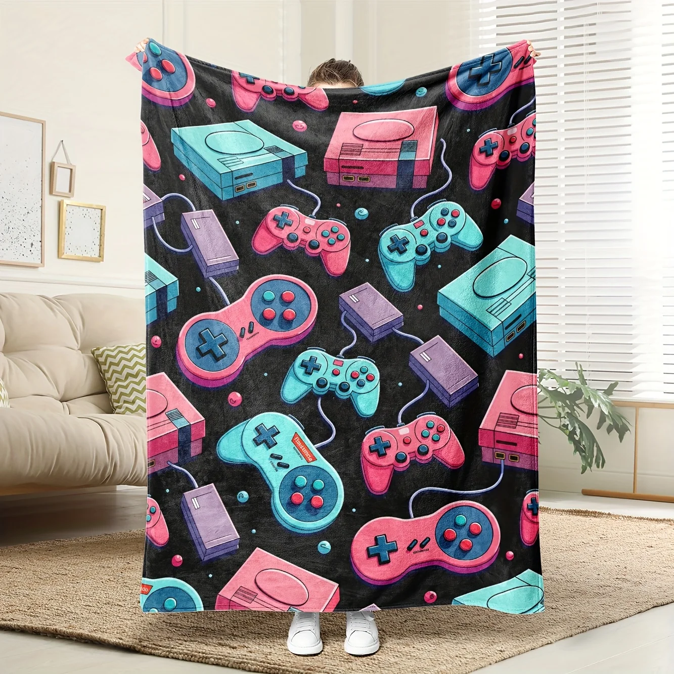 

1pc Cozy Geometric Flannel Blanket - 100% Polyester HD Print, All-Season Contemporary Gift