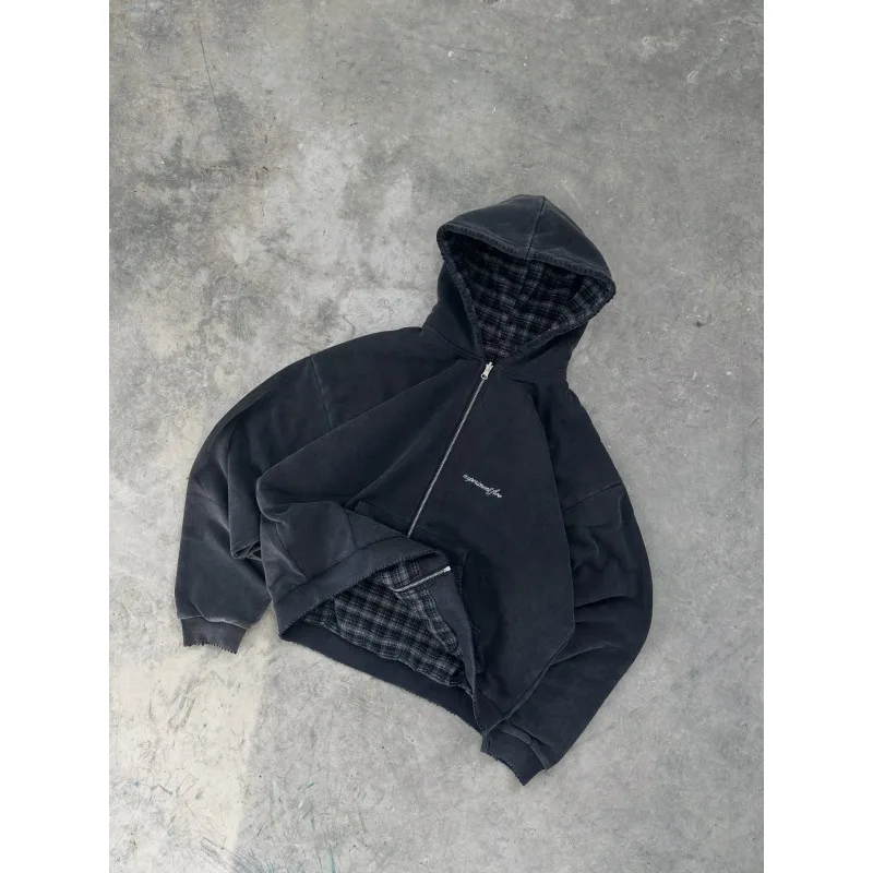 

Ins style lined double-sided sweatshirt for men, autumn and winter street fashion hooded cardigan sweatshirt