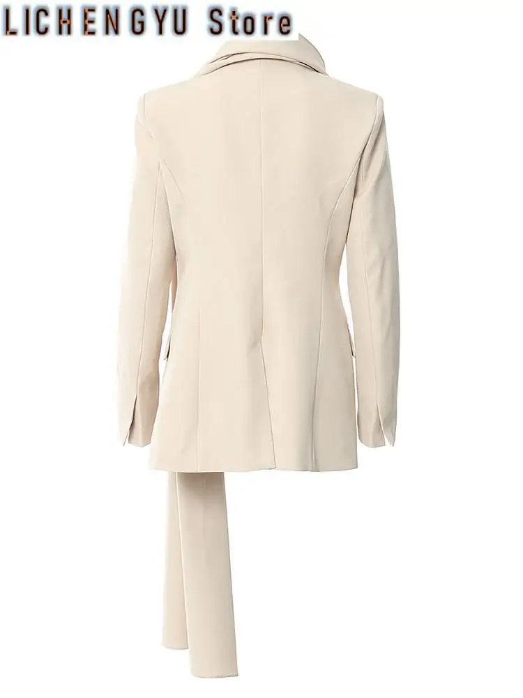 Women Apricot Irregular Big Size Elegant Blazer New Scarf Collar Long Sleeve Jacket Fashion Spring Autumn
