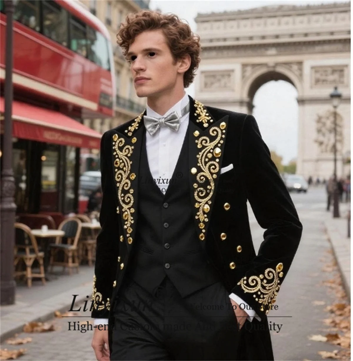 

Luxury Gem Crystals Wedding Suit For Men Customized Groom Tuxedos 3 Piece Sets trajes para hombre Peaked Lapel Male Prom Blazer