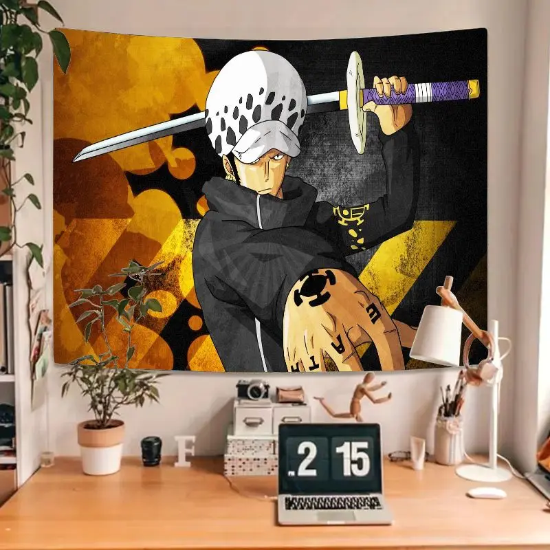 1PC One Piece Rufy Anime Arazzo Wall Art, 2:15 Orologio digitale Stile Scrivania Decorazione della stanza con sfondo geometrico giallo marrone, Un