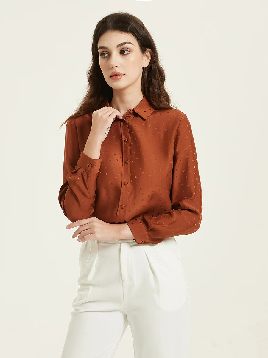 SuyaDream Woman Shirts 100%Mulberry Silk Turn Down Collar Dots Jacquard Blouses 2023 Spring Summer Office Lady Top Caramel