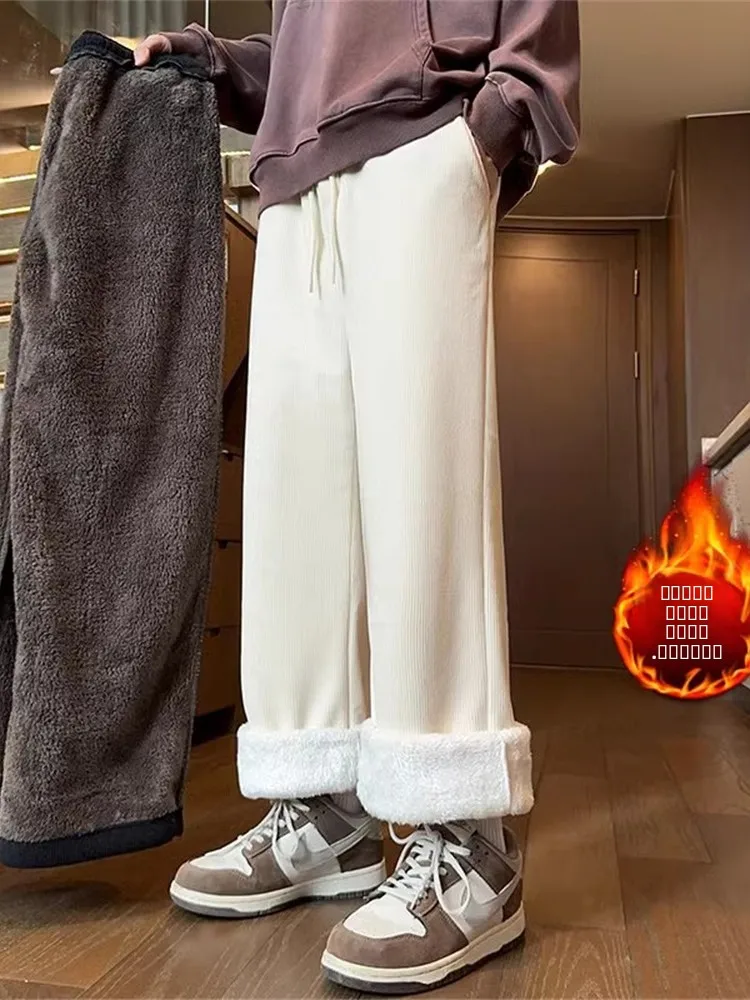 

Men's Winter Thiened Fce Lined Corduroy Casual Sweatpants Warm Comfortable Straight Leg Pants mid Low Waist Long Trousers