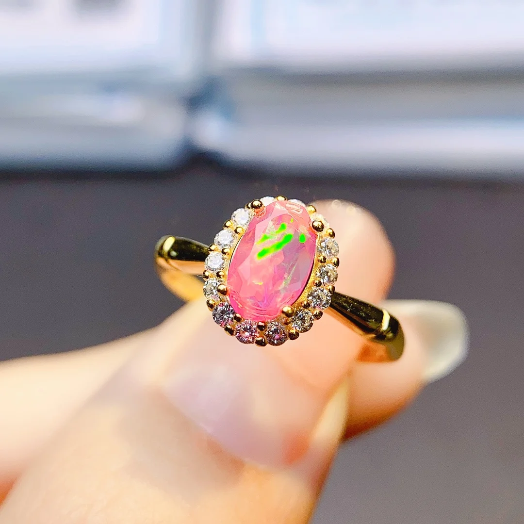 Natural Pink Opal Ring October Birthstone Ring 925 Sterling Silver Pink Gemstone Engagment Ring For Gift - view 4