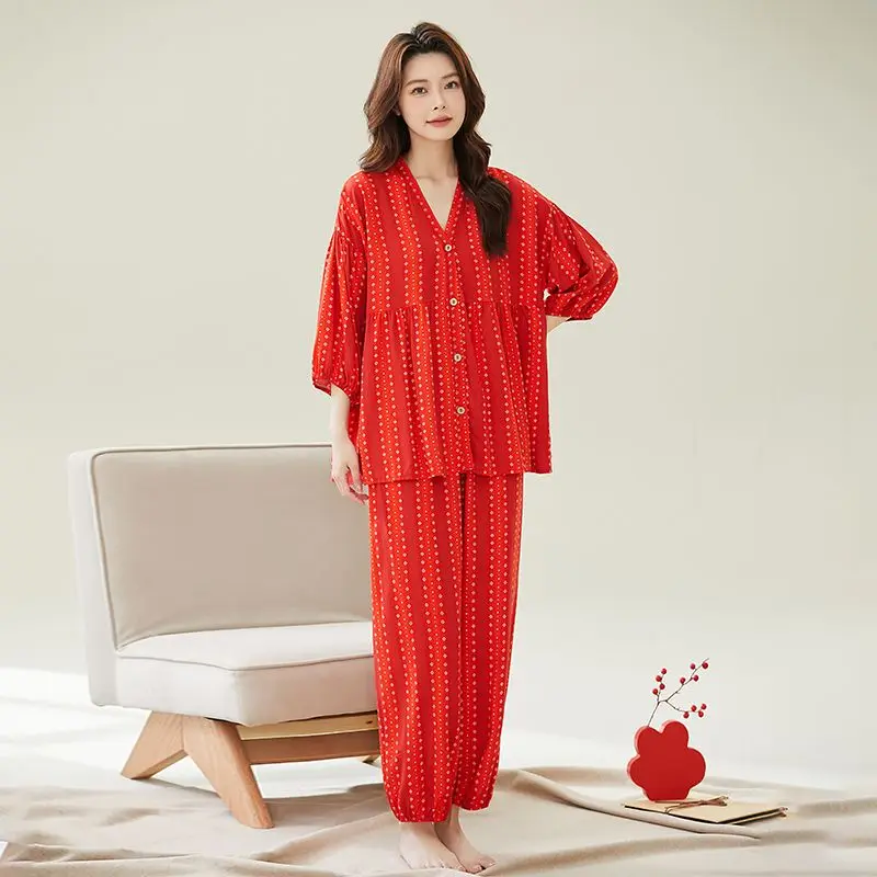 V-neck Printed Cotton Silk Pajamas Women's Spring and Autumn Loose Large Size Loungewear Going Out Suit Moisture Wicking Summer