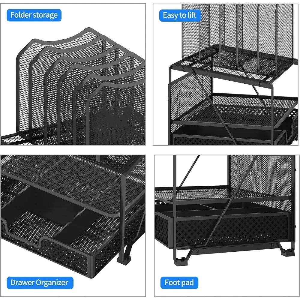 Mesh Desk Organizer with Sliding Drawer, Double Tray with 5 Sections File Bookshelf, Black