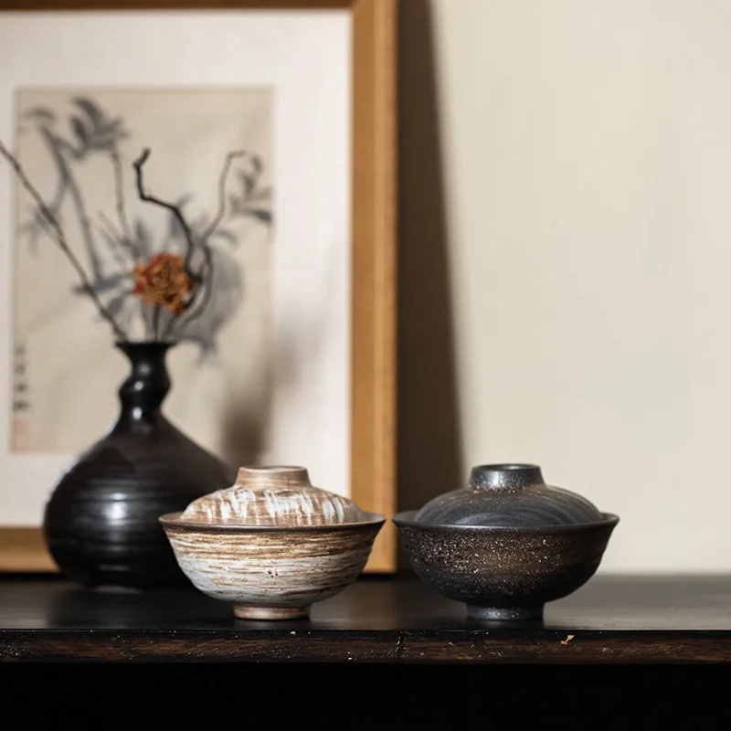 Coarse Pottery Powder Wabi-sabi Two Covered Bowl Japanese Retro Ceramic Tea Bowl Home Kung Fu Tea Set Tea Bowl Single Bowl