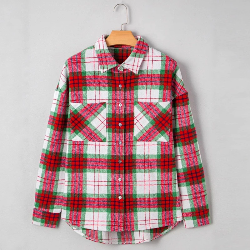 

New Autumn Winter Woolen Plaid Printed Jackets For Women Turn Down Collar Long Sleeve Coat Women Button Shirt Cardigan Christmas